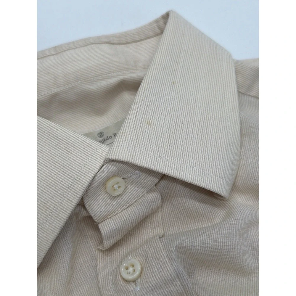 Ermenegildo Zegna Mens Beige Micro Stripe Cotton Button Down‎ Shirt Size 42 16.5